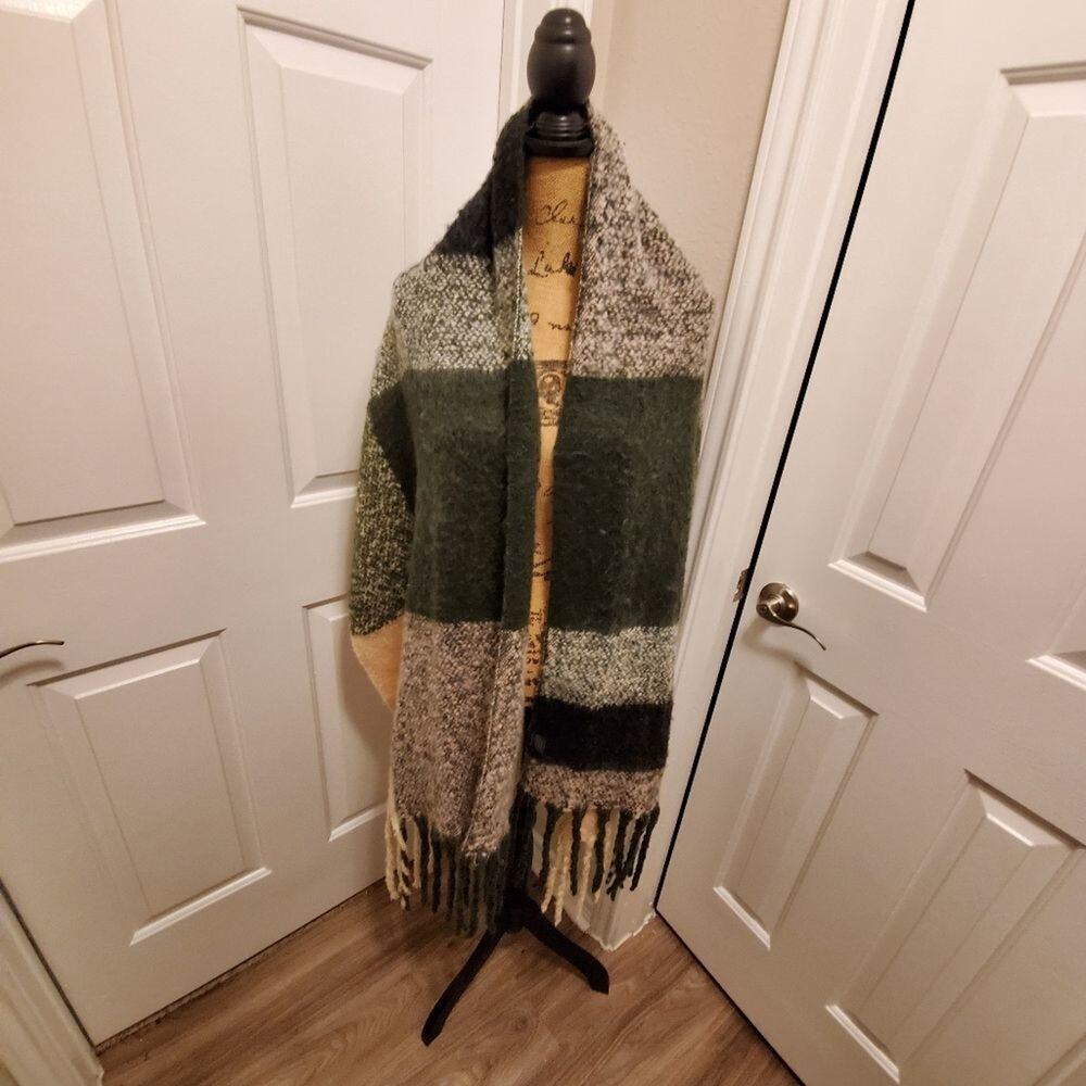 Green Grey Black Super soft striped fringe‎ scarf wrap New